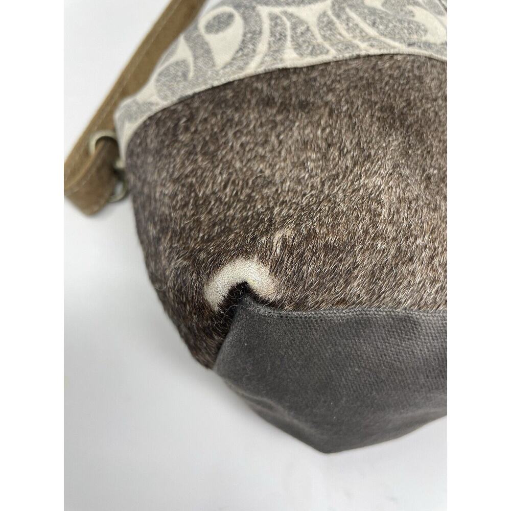 MYRA Purse Canvas Leather Cowhide Shoulder Bag Floral Gray Tan - Picture 12 of 12